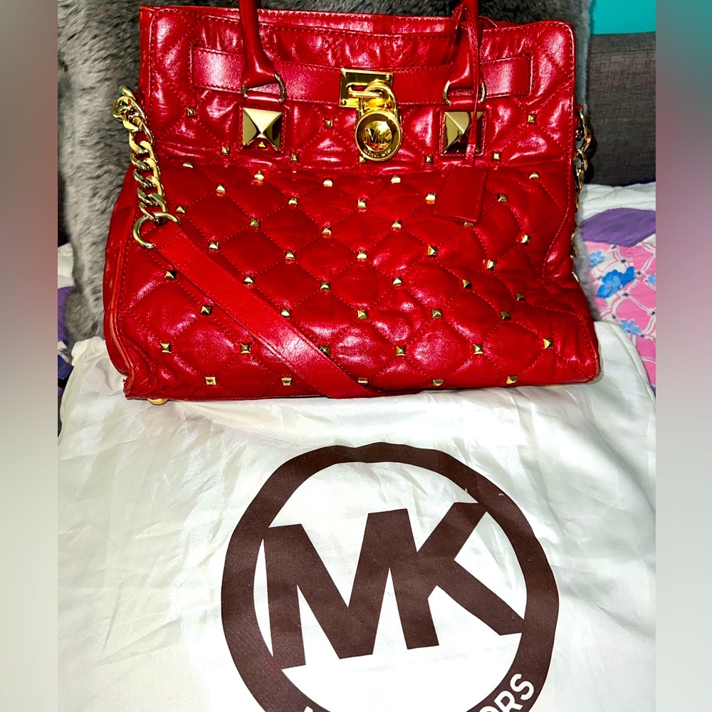 MICHAEL Michael Kors Hamilton Red Quilted Leather & Studded Tote